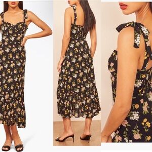 Reformation Floral Midi Dress Floral Print Tie Shoulder Sz 2